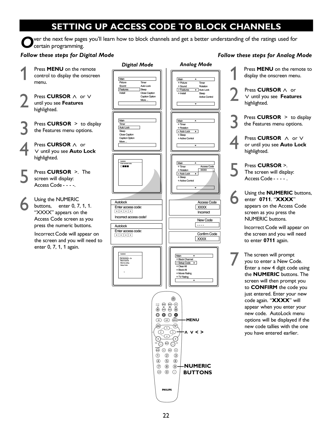 Philips 30PW9110D, 26PW9100D Setting Up Access Code To Block Channels, Follow these steps for Analog Mode, Numeric Buttons 