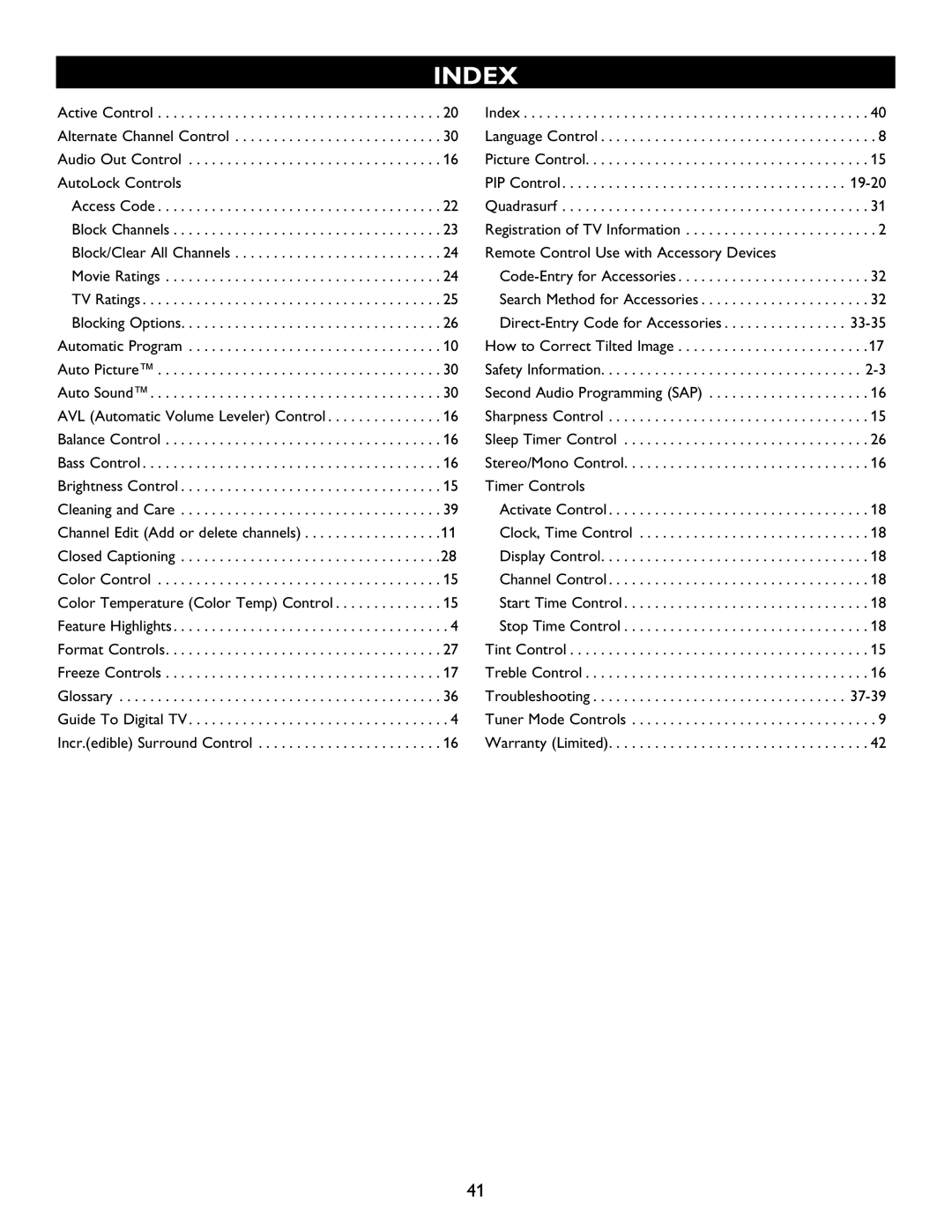 Philips 32PT9100D, 26PW9100D, 30PW9110D, 30PW9100D user manual Index 