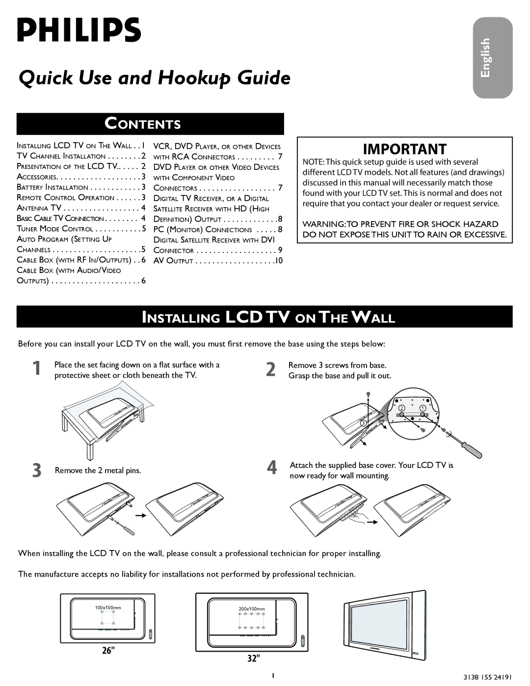 Philips 26TA1000/93 setup guide Contents, Installing LCD TV on the Wall 