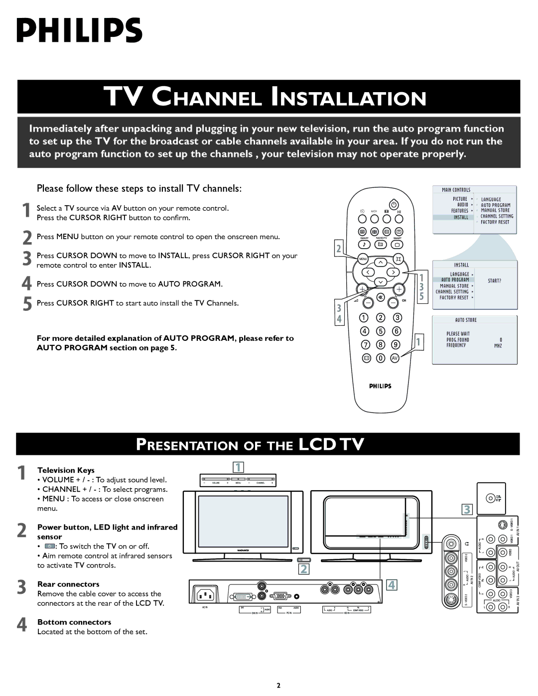 Philips 26TA1000/93 setup guide TV Channel Installation, Presentation of the LCD TV 