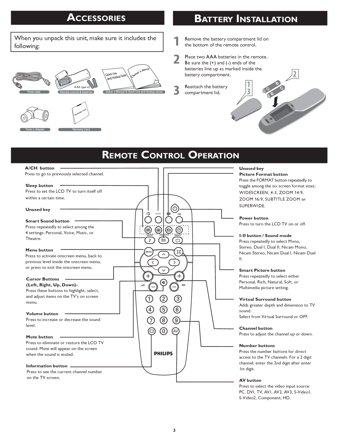 Philips 26TA1000/93 setup guide Accessories, Battery Installation, Remote Control Operation 