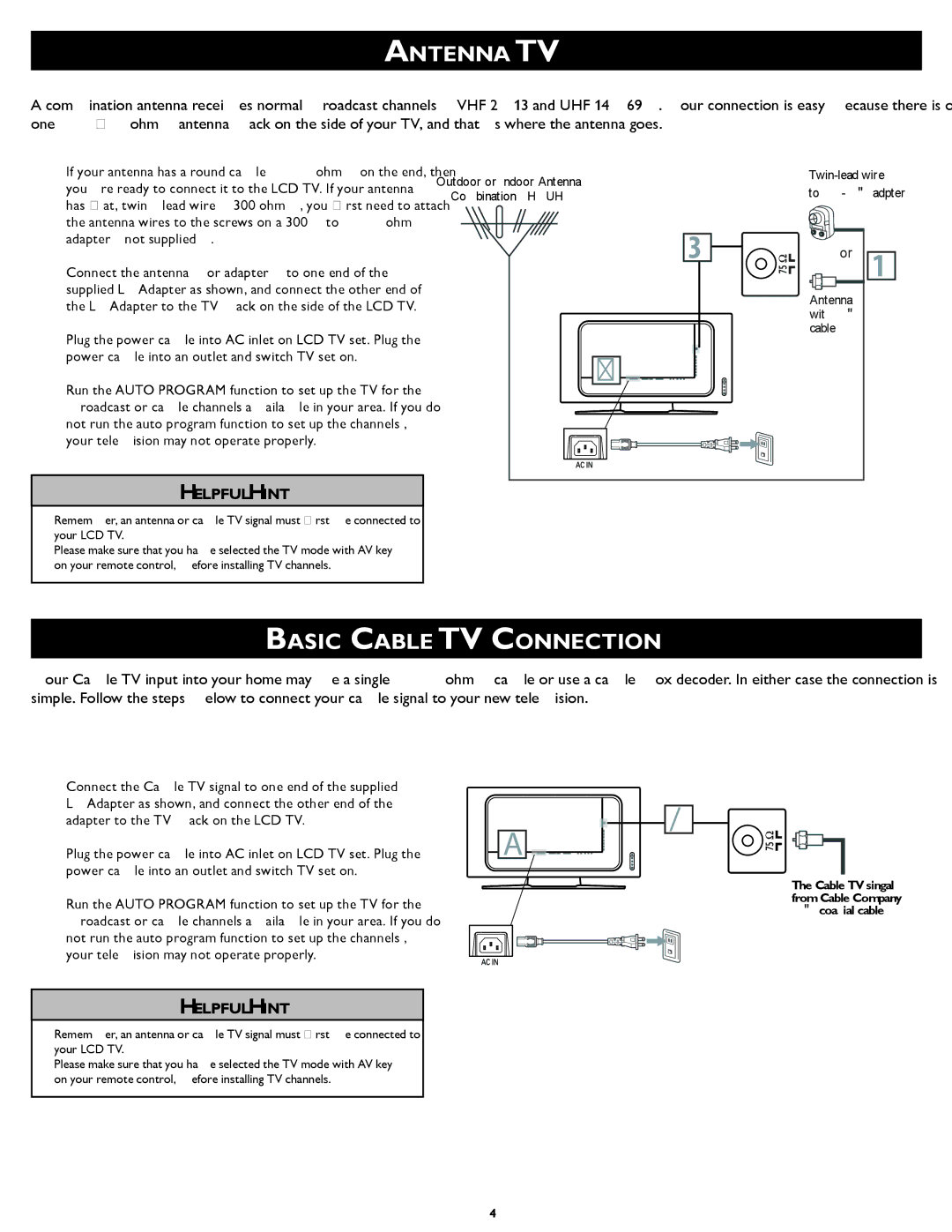 Philips 26TA1000/93 setup guide Antenna TV, Basic Cable TV Connection 