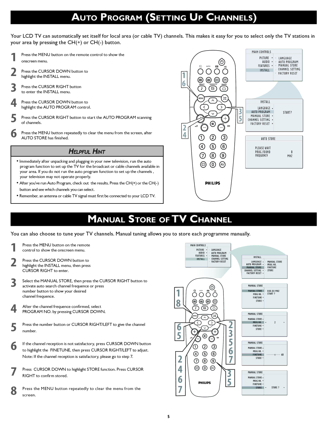 Philips 26TA1000/93 setup guide Auto Program Setting UP Channels, Manual Store of TV Channel 