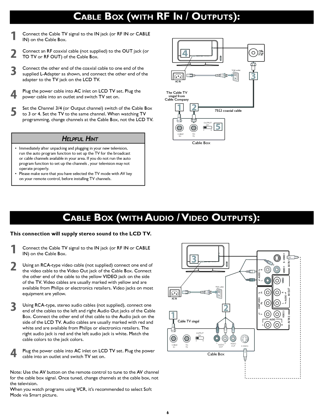 Philips 26TA1000/93 setup guide Cable BOX with RF in / Outputs, Cable BOX with Audio / Video Outputs 