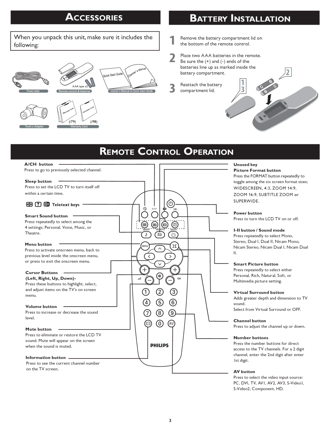 Philips 26TA1000/98 quick start Accessories, Battery Installation, Remote Control Operation 