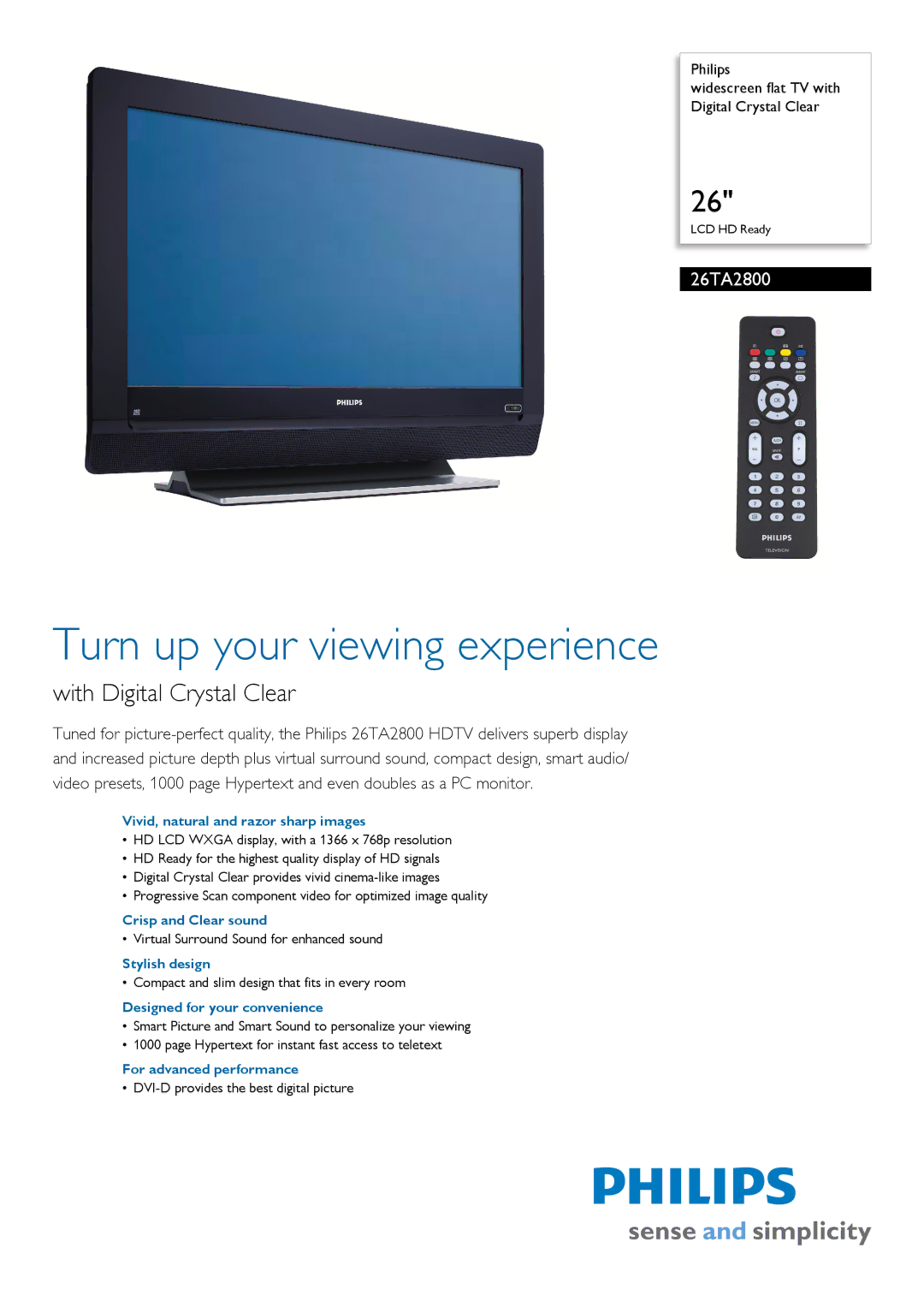 Philips 26TA2800/79 manual Vivid, natural and razor sharp images, Crisp and Clear sound, Stylish design 