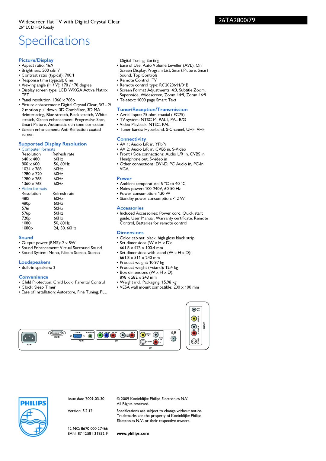 Philips 26TA2800/79 Picture/Display, Supported Display Resolution, Sound, Loudspeakers, Convenience, Connectivity, Power 