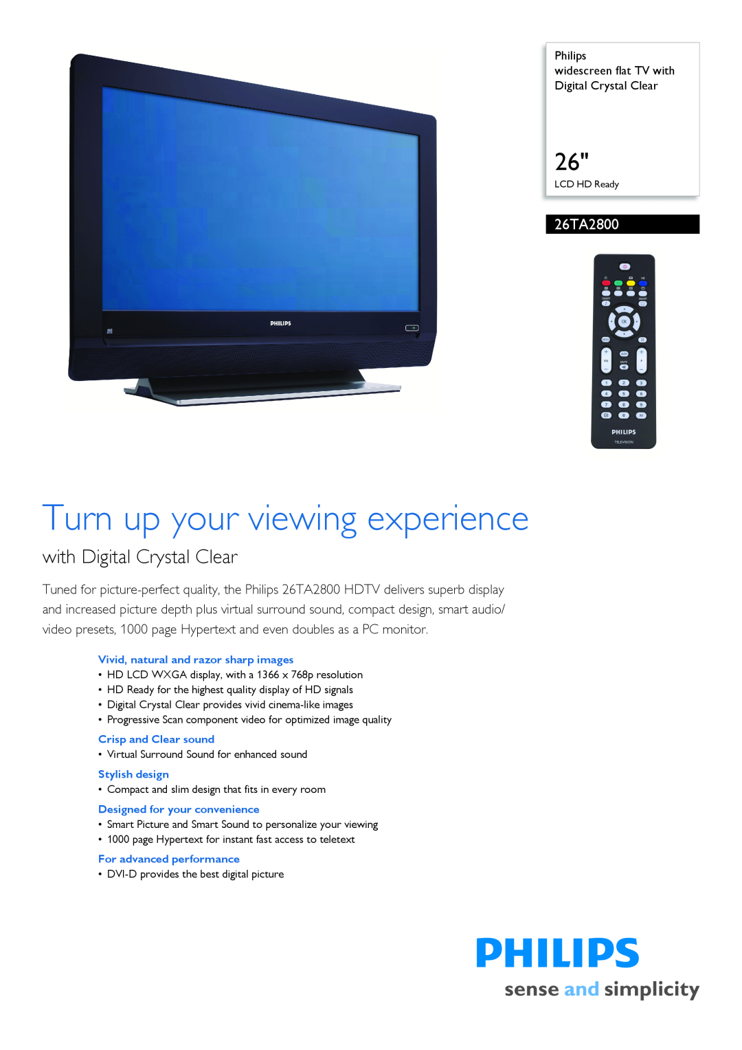 Philips 26TA2800/79 manual Turn up your viewing experience, with Digital Crystal Clear 