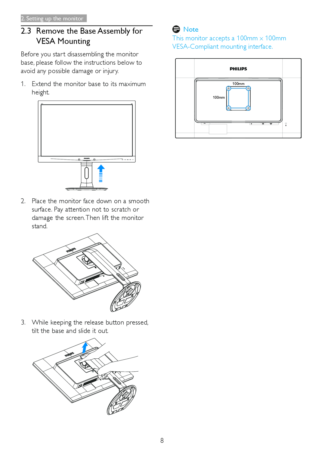 Philips 271S4LPYEB user manual Remove the Base Assembly for VESA Mounting 