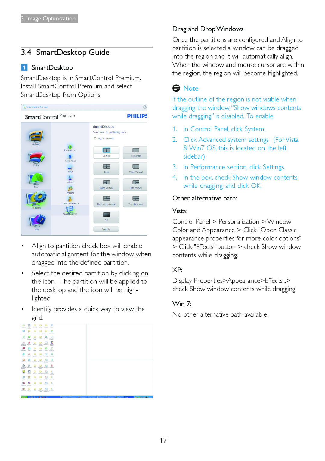Philips 271S4LPYEB user manual SmartDesktop Guide, Identify provides a quick way to view the grid, Drag and Drop Windows 