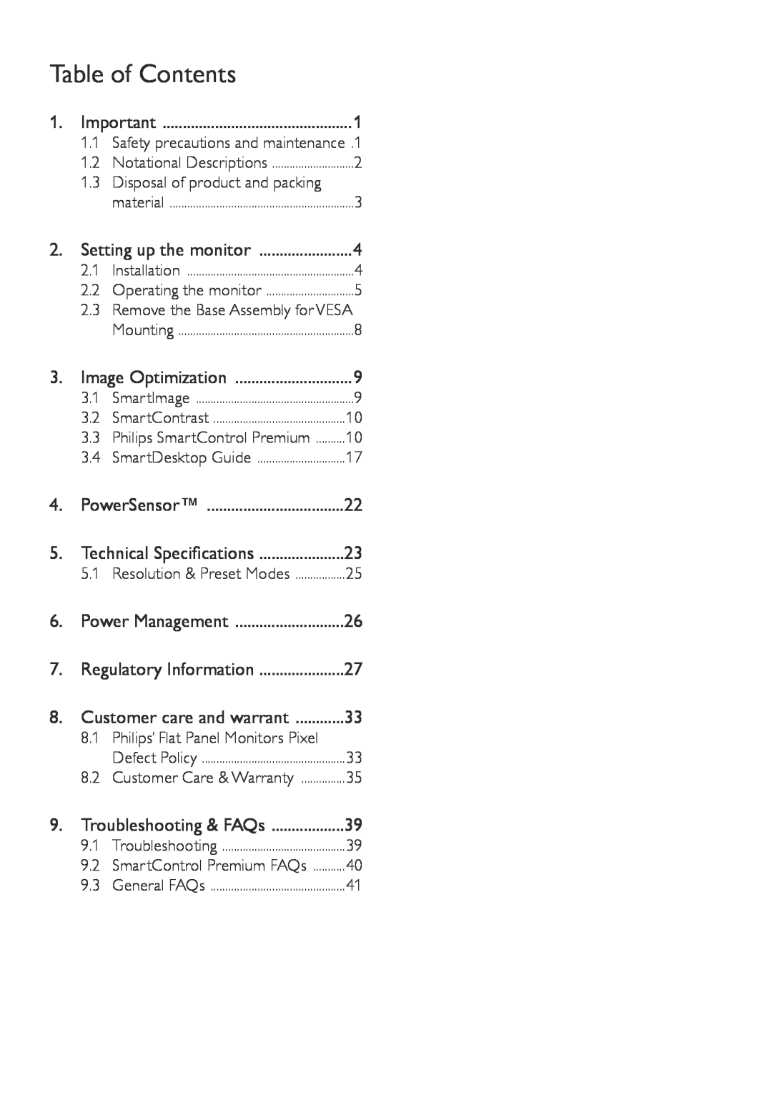 Philips 271S4LPYEB user manual Table of Contents 