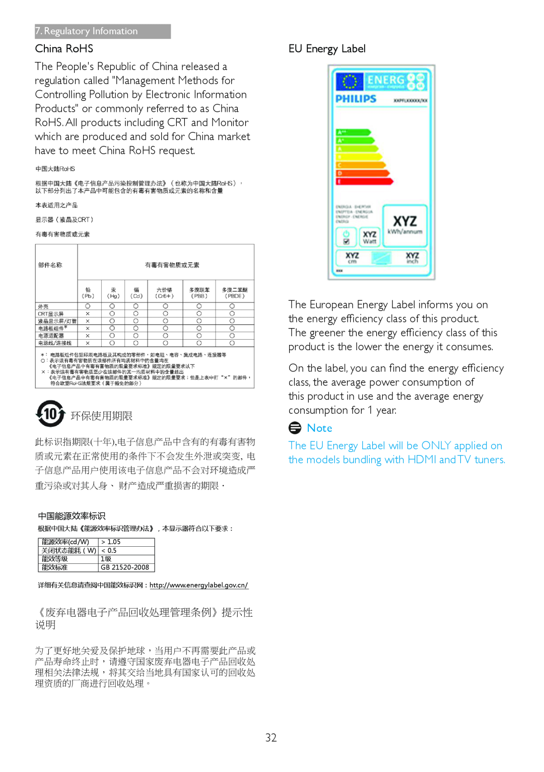 Philips 271S4LPYEB China RoHS, EU Energy Label, this product in use and the average energy consumption for 1 year, 环保使用期限 