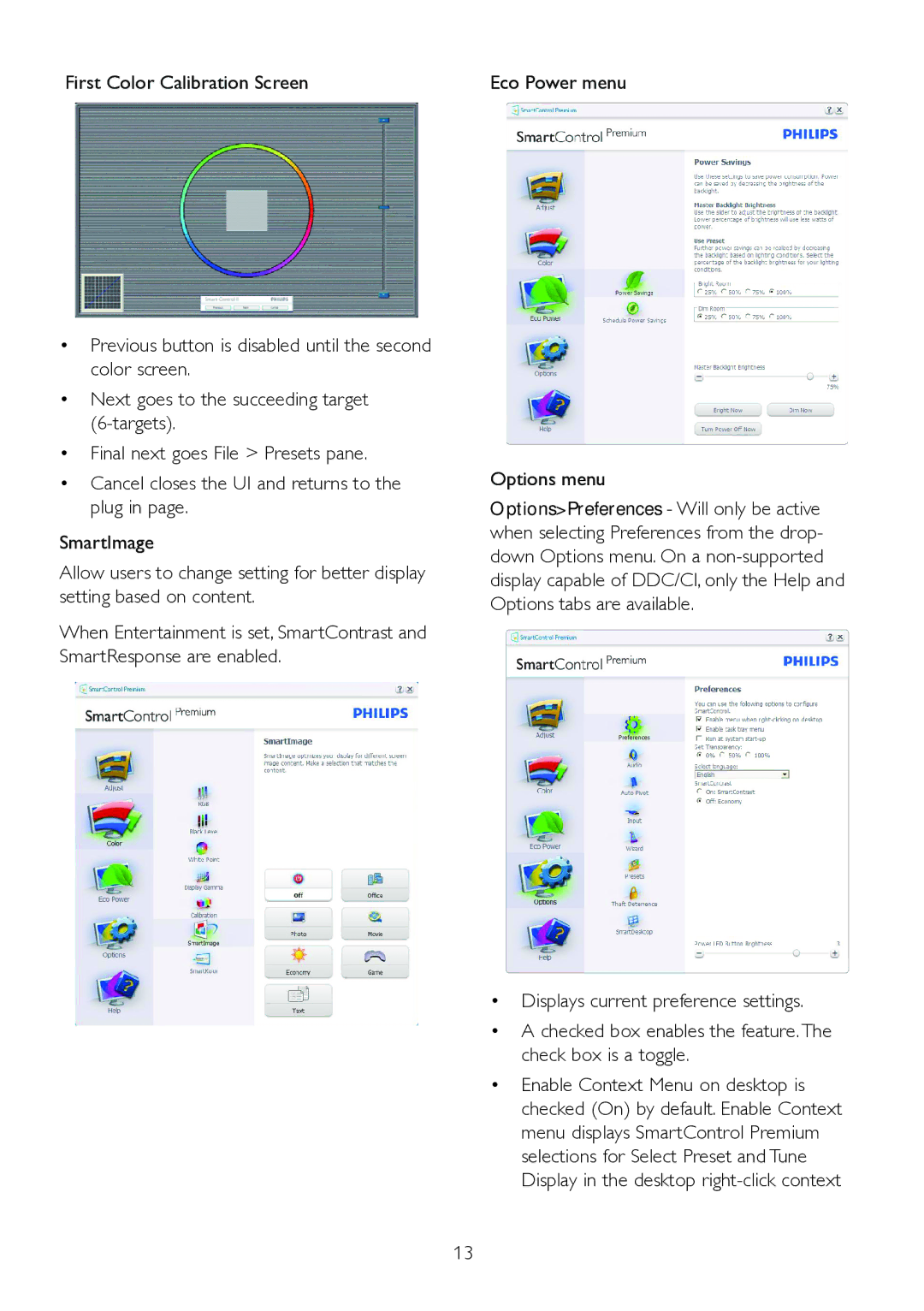 Philips 271S4LPYEB user manual First Color Calibration Screen, Options menu 