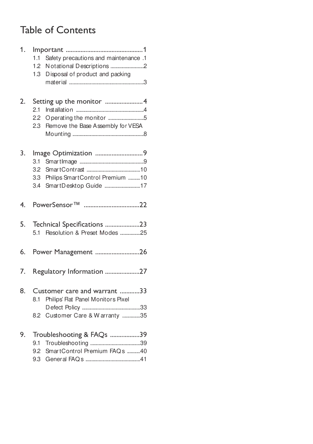 Philips 271S4LPYEB user manual Table of Contents 