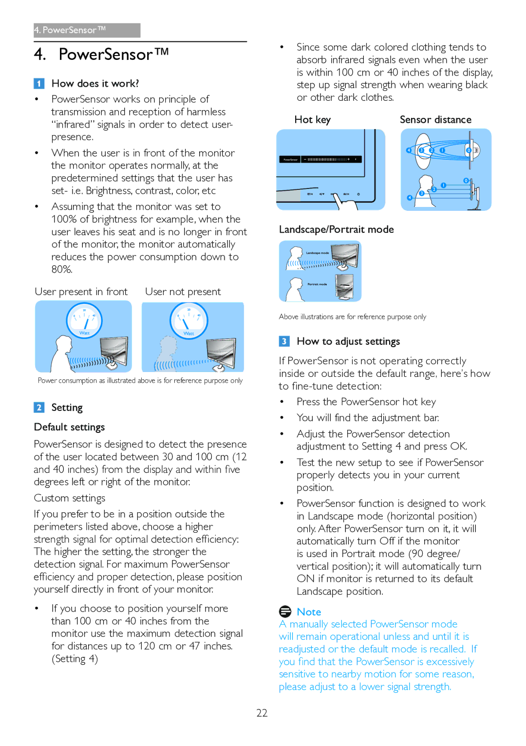 Philips 271S4LPYEB user manual PowerSensor, Setting Default settings, Custom settings, Hot key, Landscape/Portrait mode 