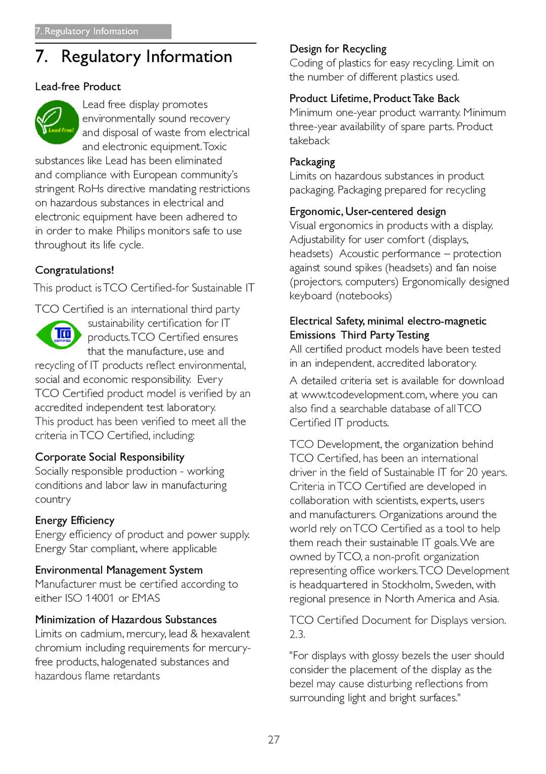 Philips 271S4LPYEB Regulatory Information, Lead-free Product, Design for Recycling, Ergonomic, User-centered design 