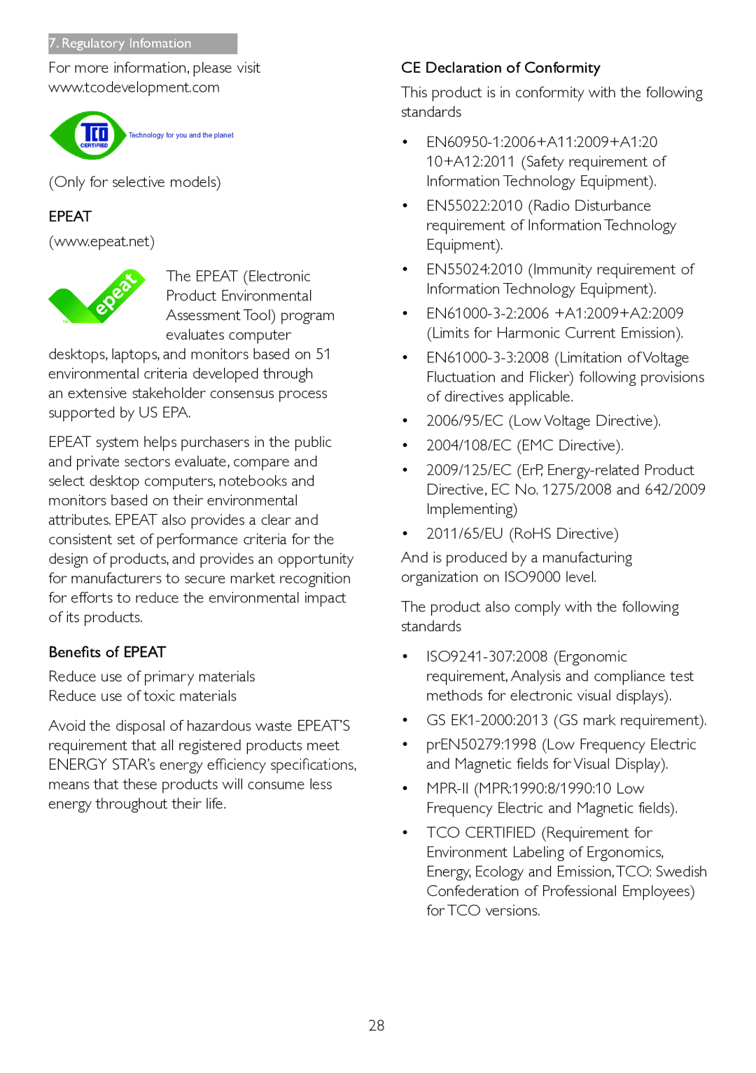 Philips 271S4LPYEB For more information, please visit, Only for selective models, Epeat Electronic Product Environmental 