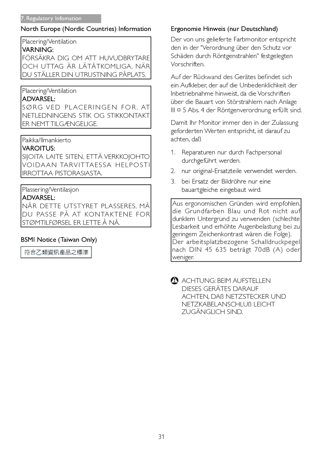 Philips 271S4LPYEB user manual Varning, Varoitus, Achtung Beim Aufstellen 