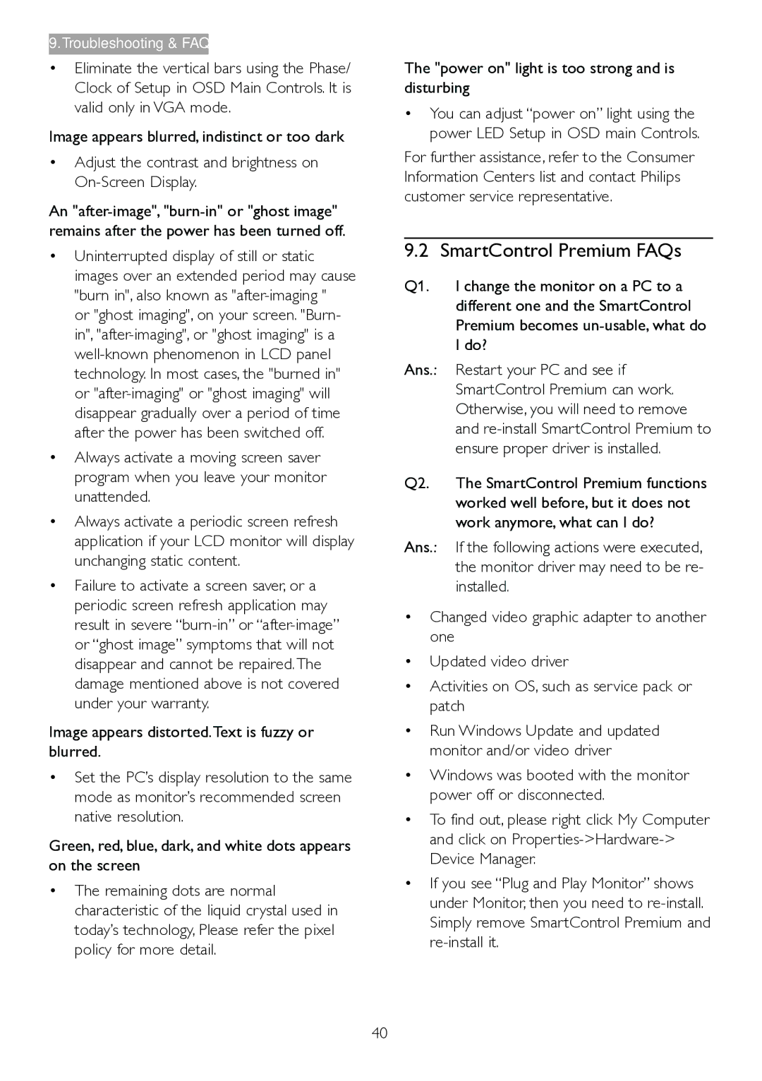 Philips 271S4LPYEB user manual SmartControl Premium FAQs, Image appears distorted.Text is fuzzy or blurred 