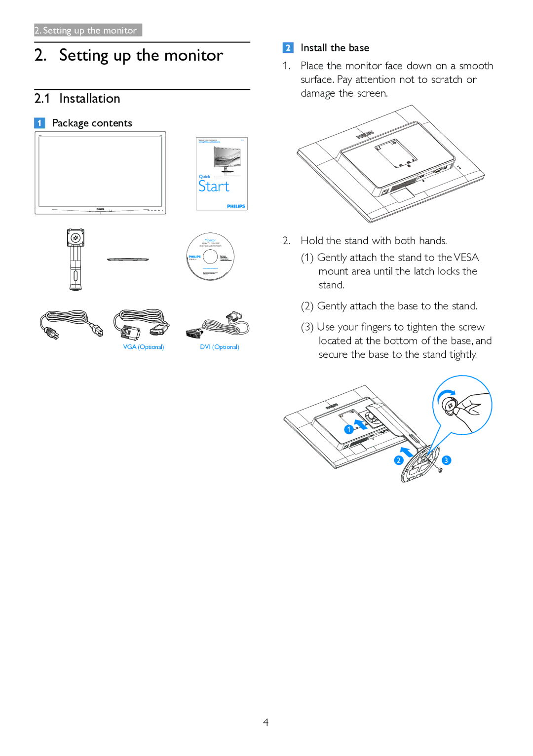 Philips 271S4LPYEB user manual Setting up the monitor, Installation, Package contents 