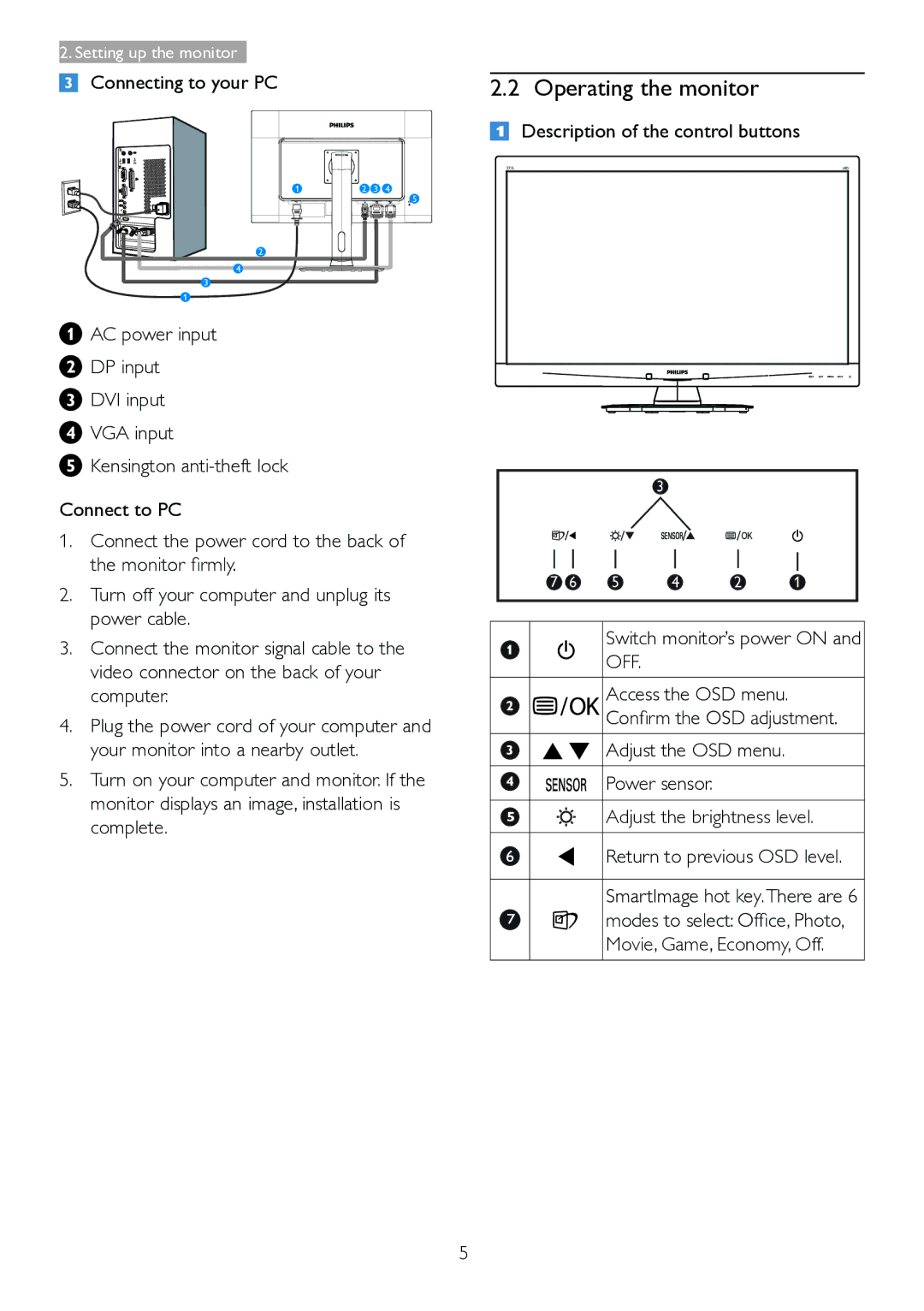 Philips 271S4LPYEB user manual Operating the monitor, Off 