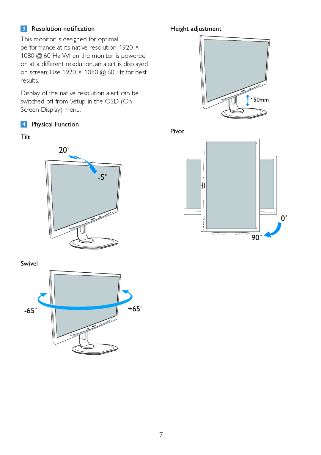 Philips 271S4LPYEB user manual Swivel, Height adjustment, Pivot 