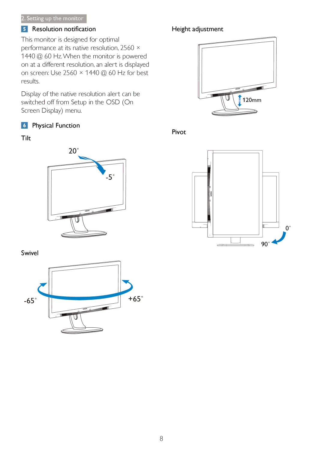 Philips 27254 user manual Resolution notiÀcation, Switched off from Setup in the OSD On, Screen Display menu, Swivel 