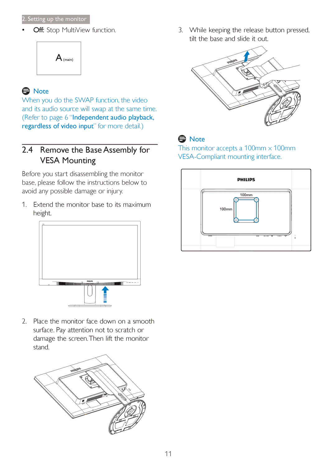 Philips 27254 Remove the Base Assembly for Vesa Mounting, ‡ Off Stop MultiView function, Tilt the base and slide it out 