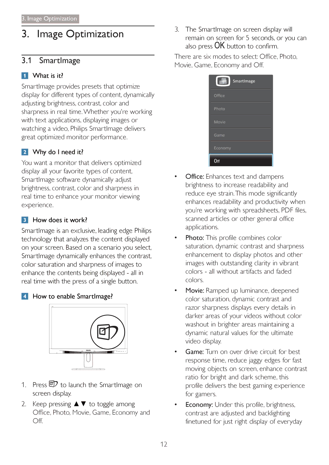 Philips 27254 user manual Image Optimization, SmartImage, How does it worN, Movie, Game, Economy and Off 