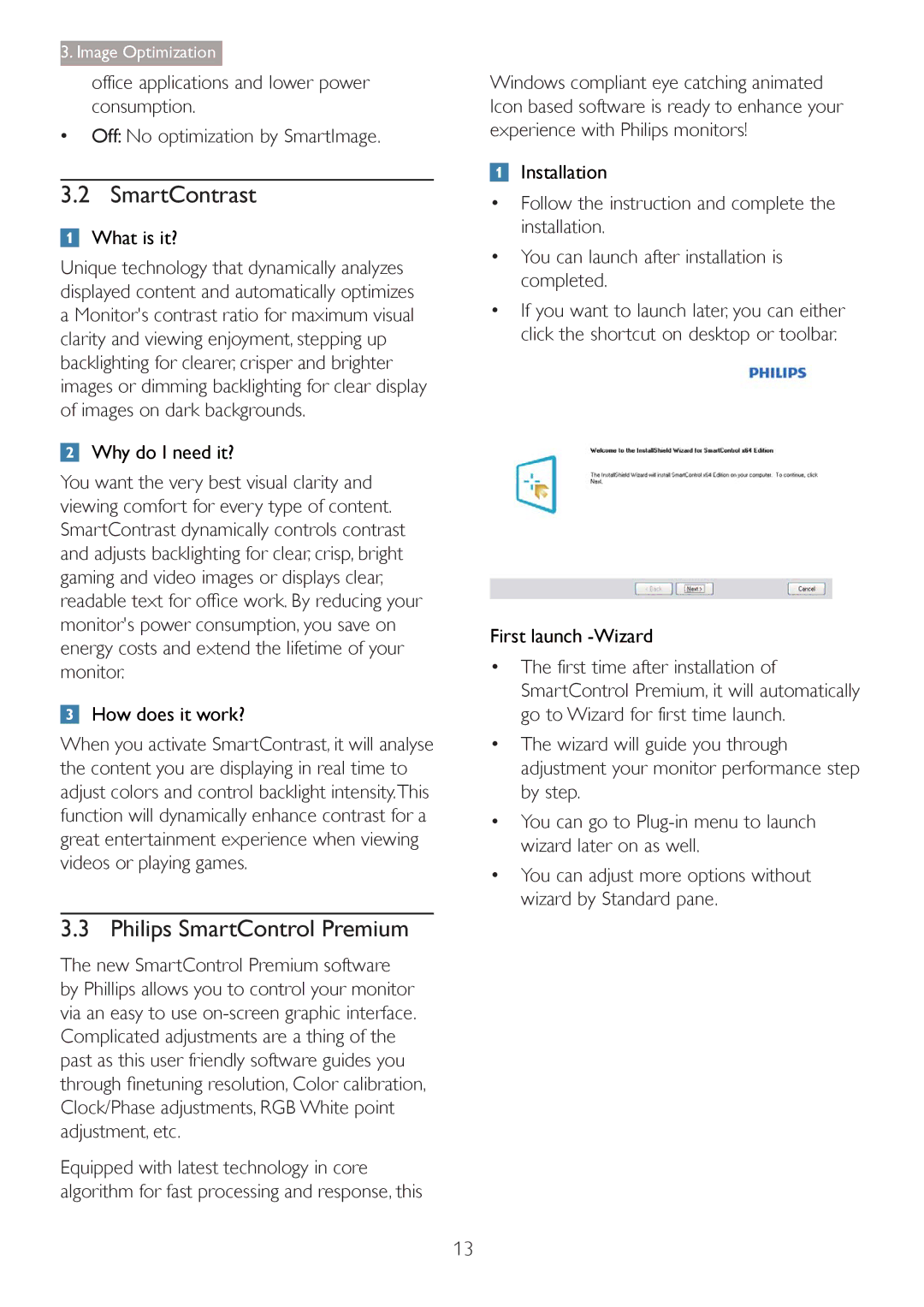 Philips 27254 user manual SmartContrast, Philips SmartControl Premium, Installation, First launch -Wizard 