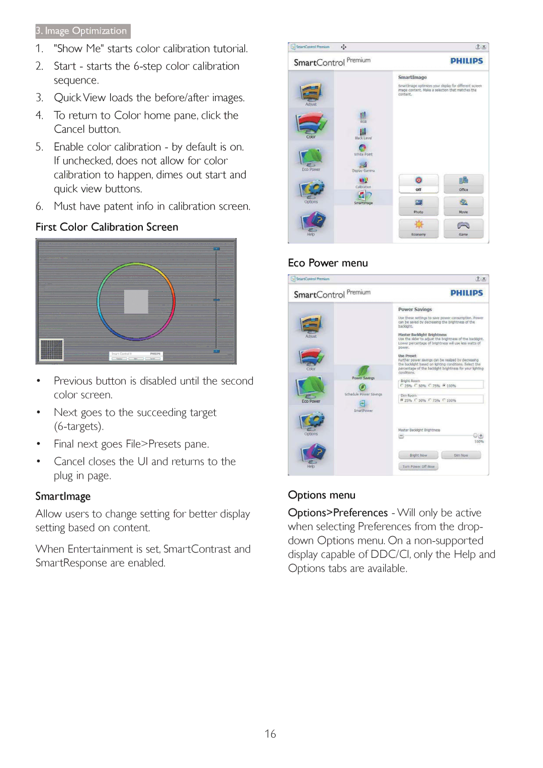 Philips 27254 user manual SmartImage, Eco Power menu Options menu 