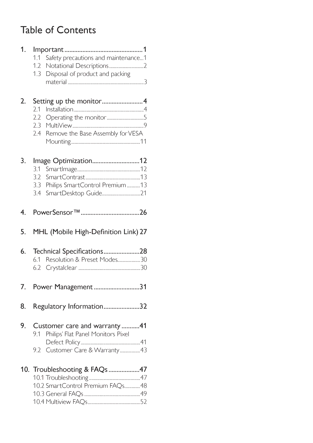 Philips 27254 user manual Table of Contents 