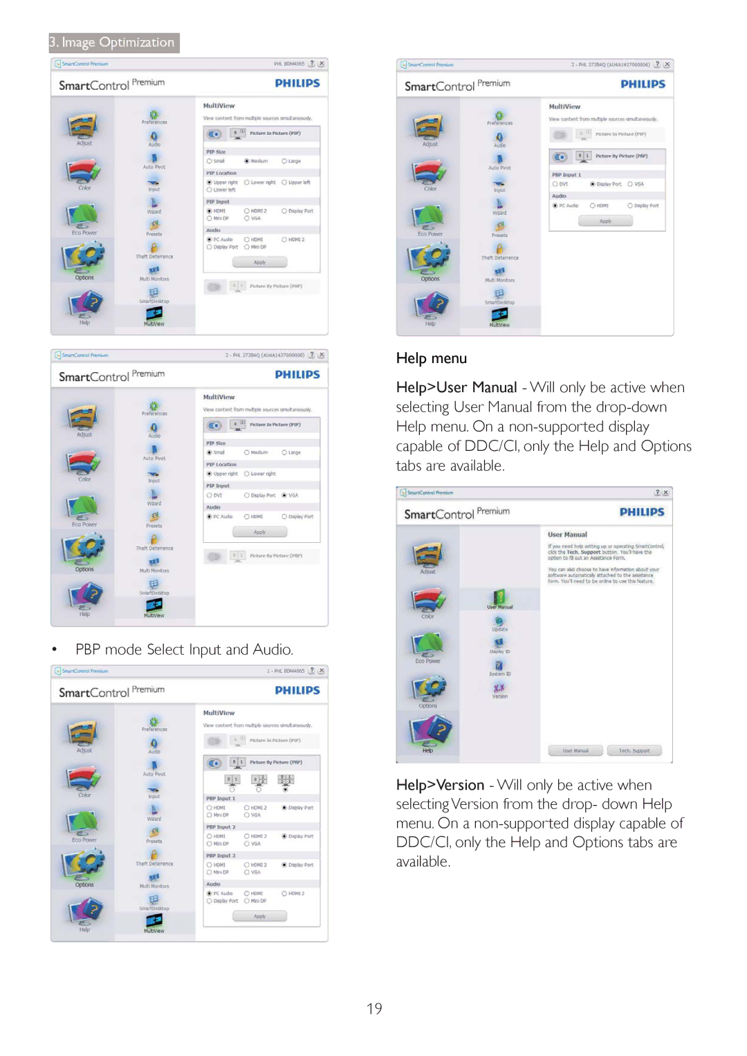 Philips 27254 user manual ‡ PBP mode Select Input and Audio, Help menu 