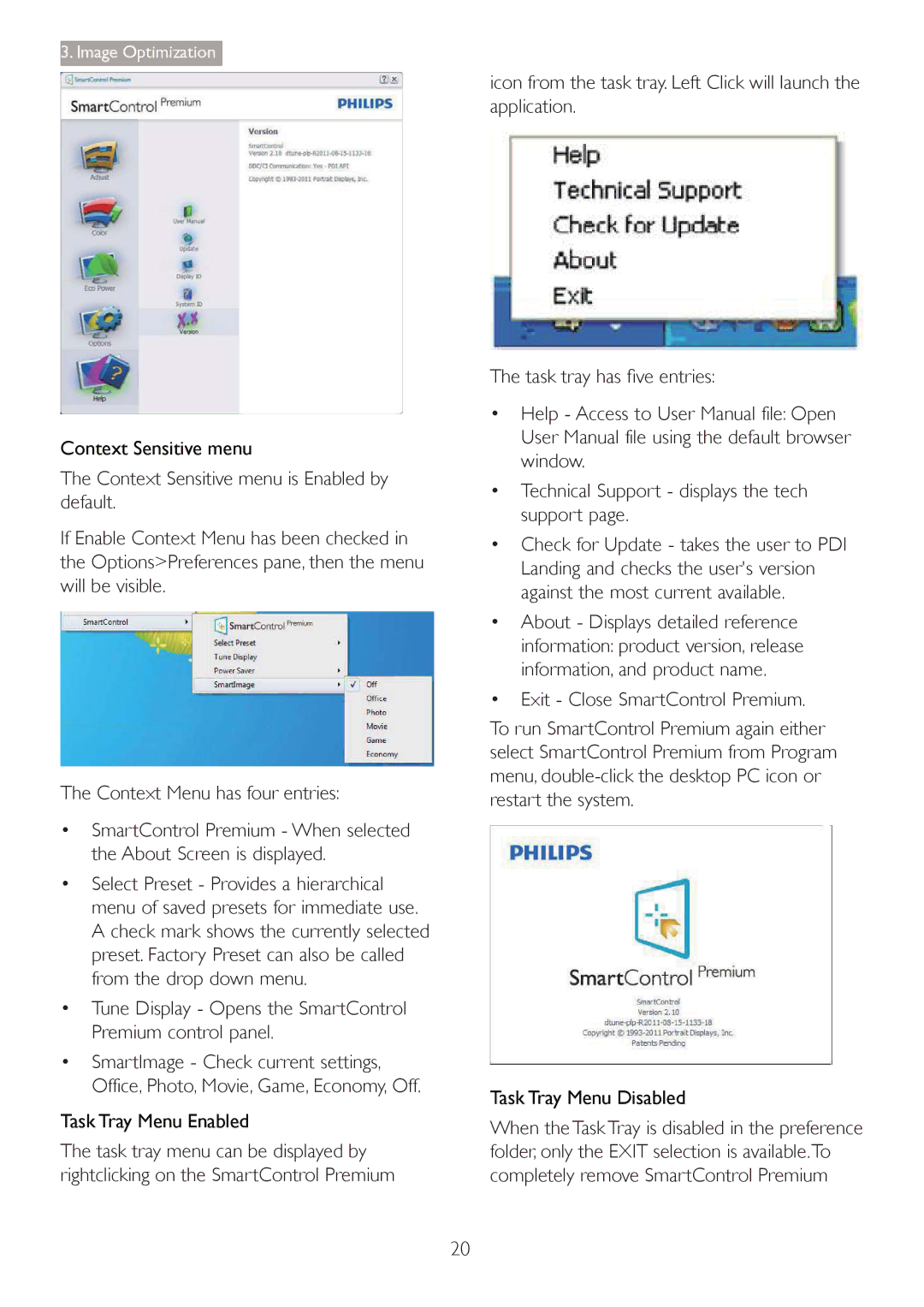 Philips 27254 Context Sensitive menu, TasN Tray Menu Enabled, 7KHWDVNWUD\KDVÀYHHQWULHV, TasN Tray Menu Disabled 