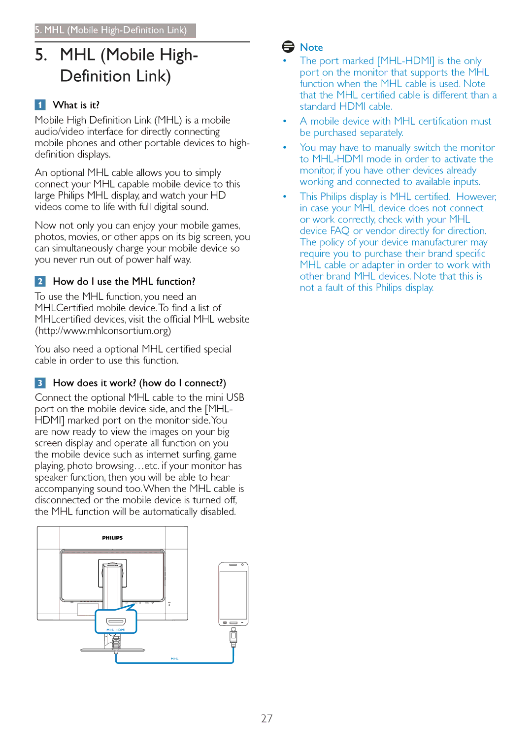 Philips 27254 user manual MHL Mobile High- Definition LinN 