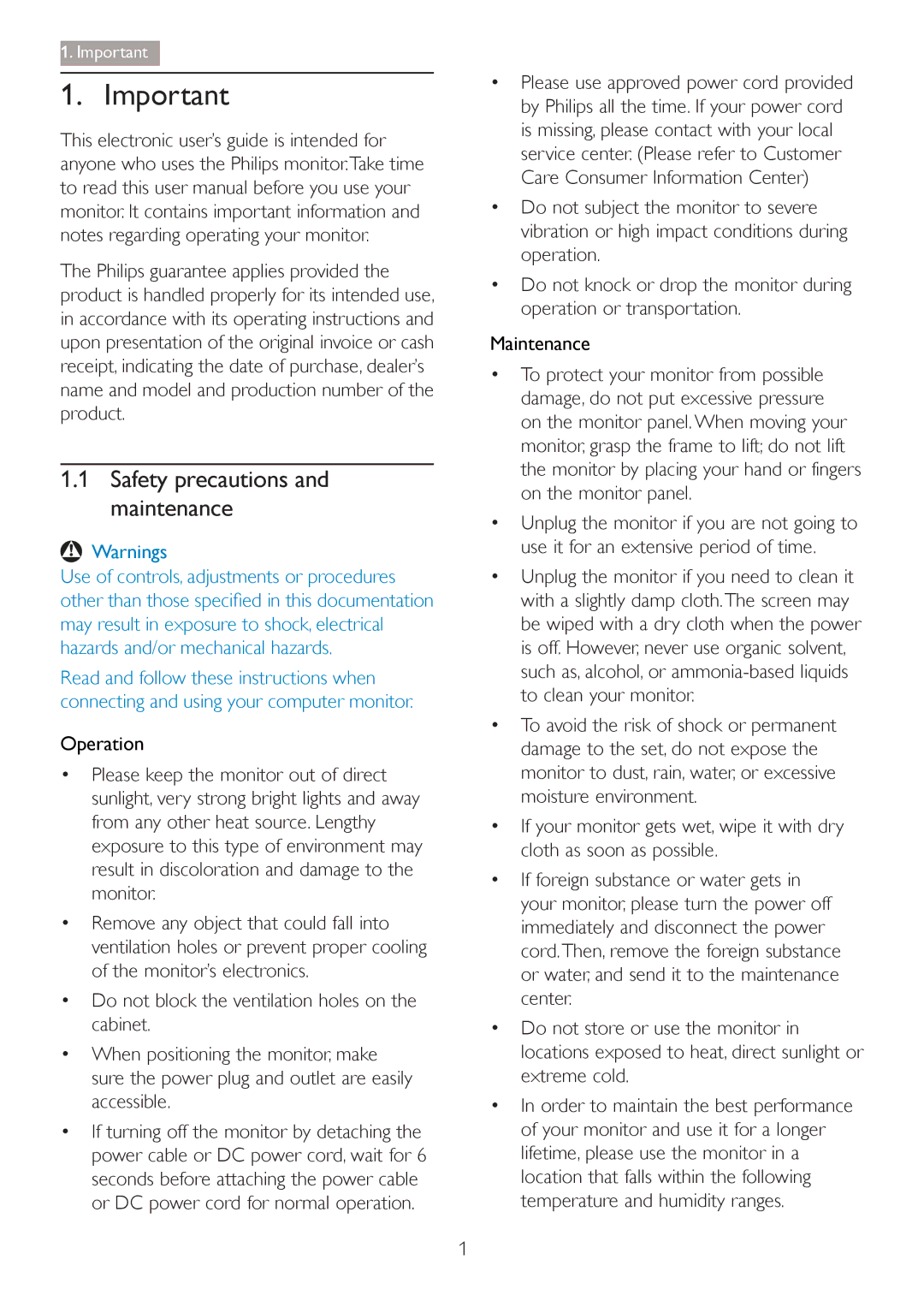 Philips 27254 user manual Safety precautions and maintenance, Operation, Maintenance 