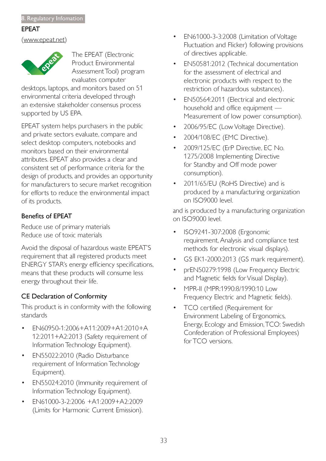 Philips 27254 user manual Epeat Electronic Product Environmental, BeneÀts of Epeat, CE Declaration of Conformity 