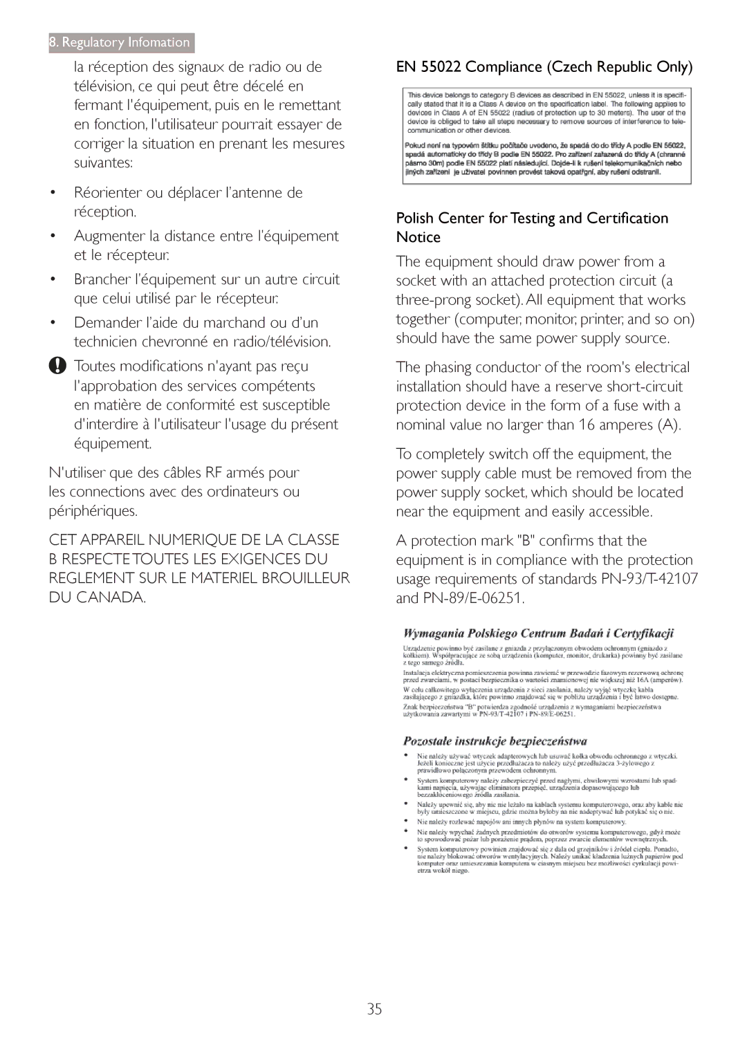 Philips 27254 user manual Regulatory Infomation 