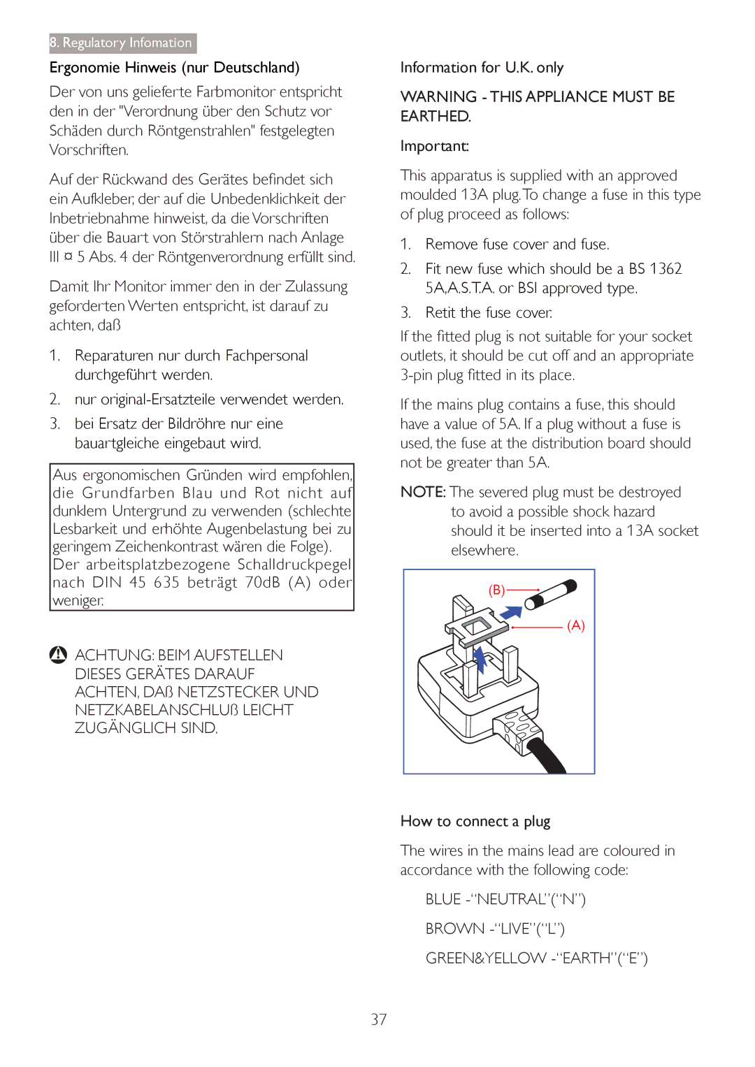 Philips 27254 user manual Achtung Beim Aufstellen, Blue -NEUTRALN Brown -LIVEL GREEN&YELLOW -EARTHE 