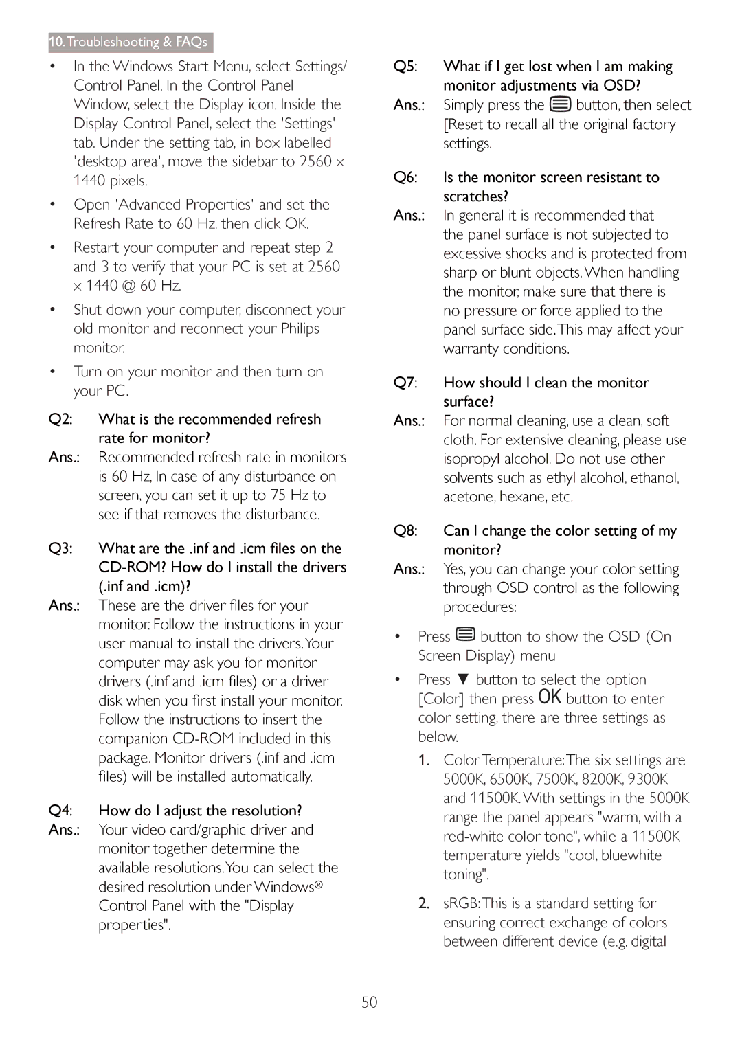 Philips 27254 user manual Q2 What is the recommended refresh rate for monitor, Computer may ask you for monitor, Properties 