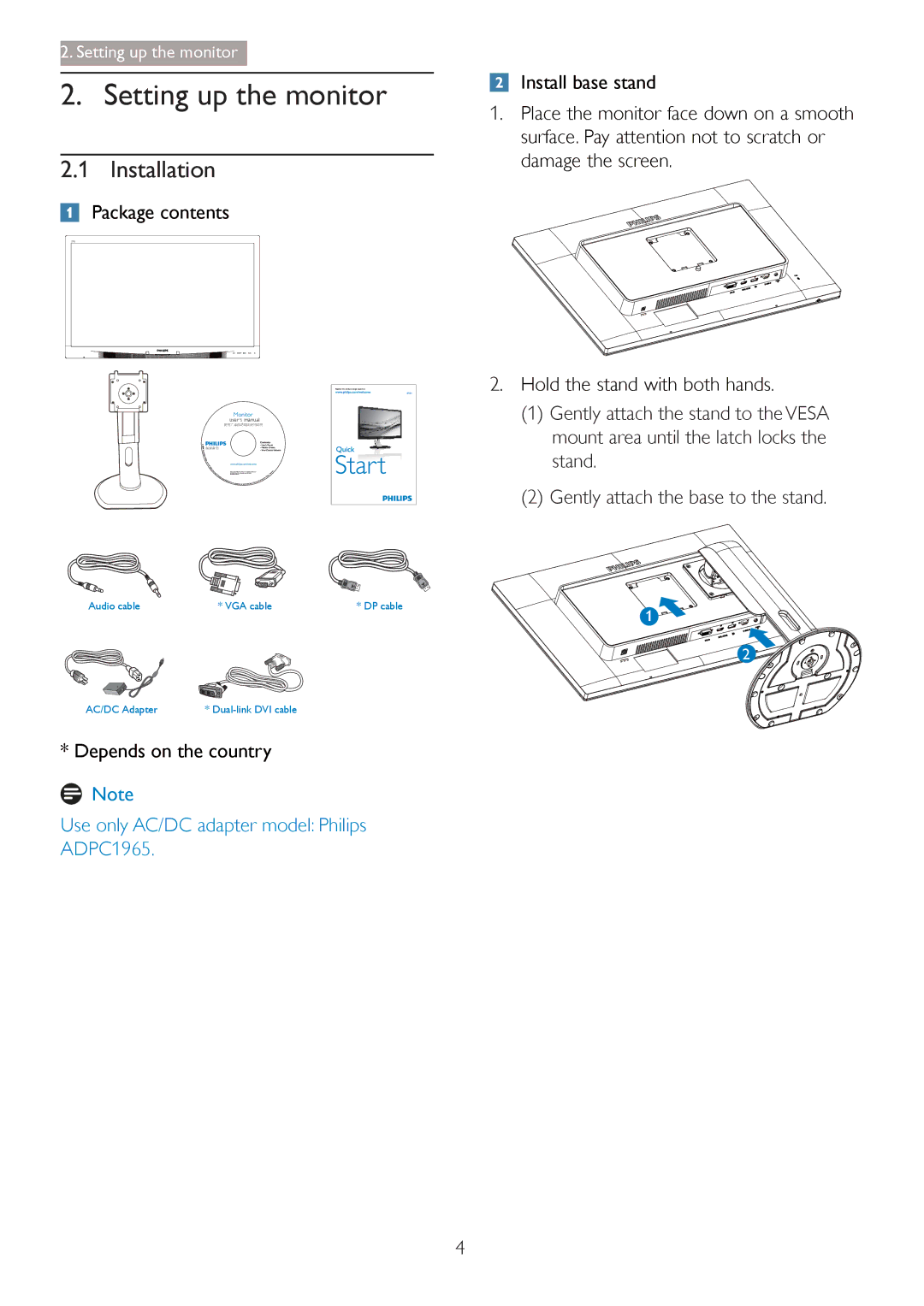 Philips 27254 user manual Setting up the monitor, Installation, PacNage contents, Depends on the country 