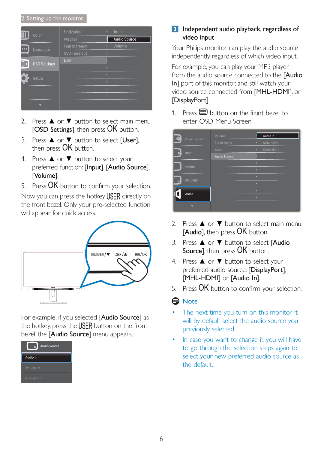 Philips 27254 OSD Settings, then press button, Then press button, Independent audio playbacN, regardless of video input 