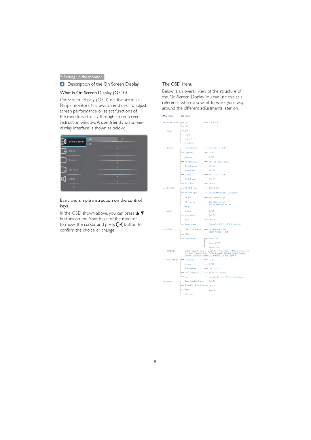 Philips 272P4 OSD Menu, Basic and simple instruction on the control keys, To move the cursor, and press button to 