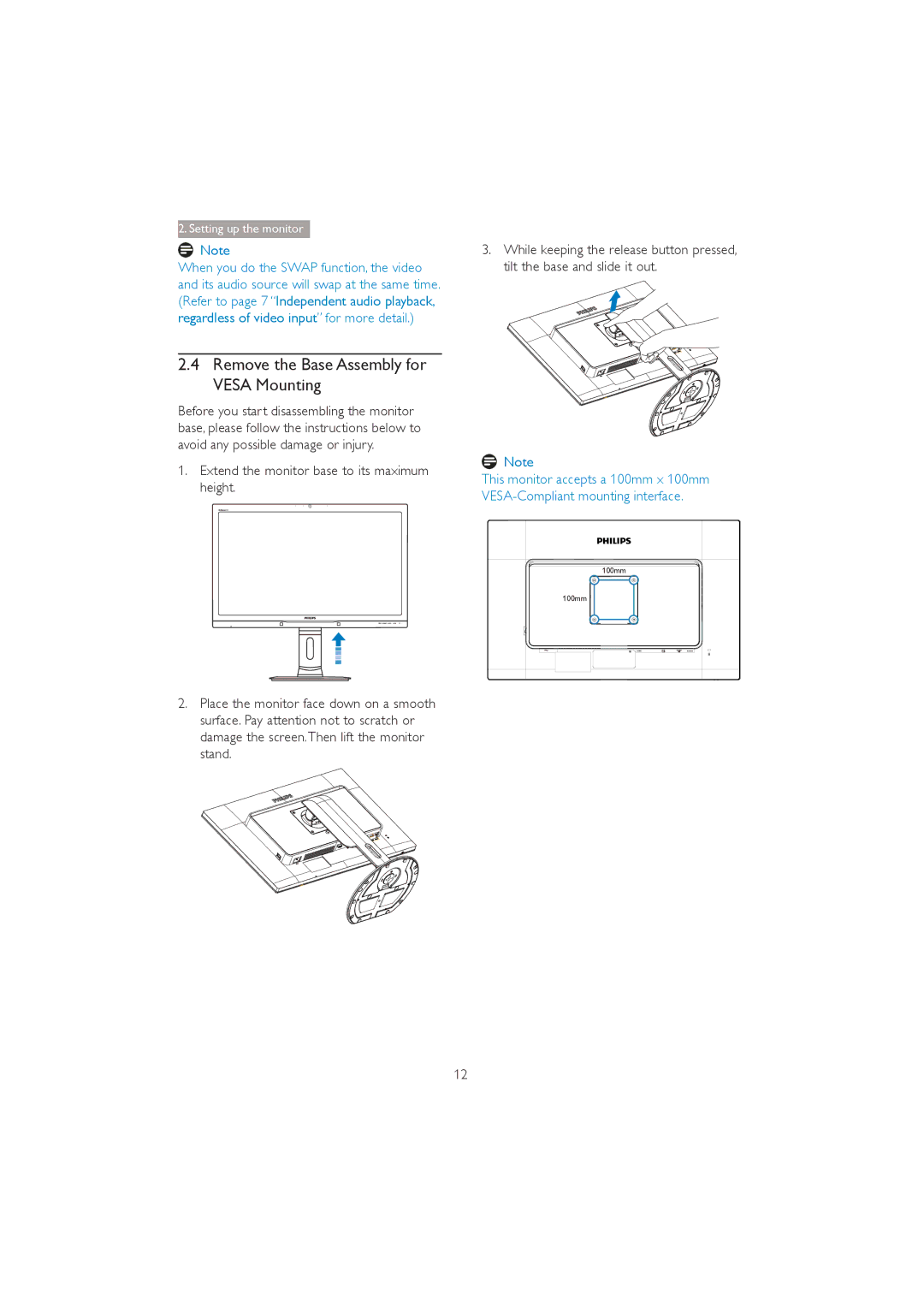 Philips 272P4 user manual Remove the Base Assembly for Vesa Mounting 