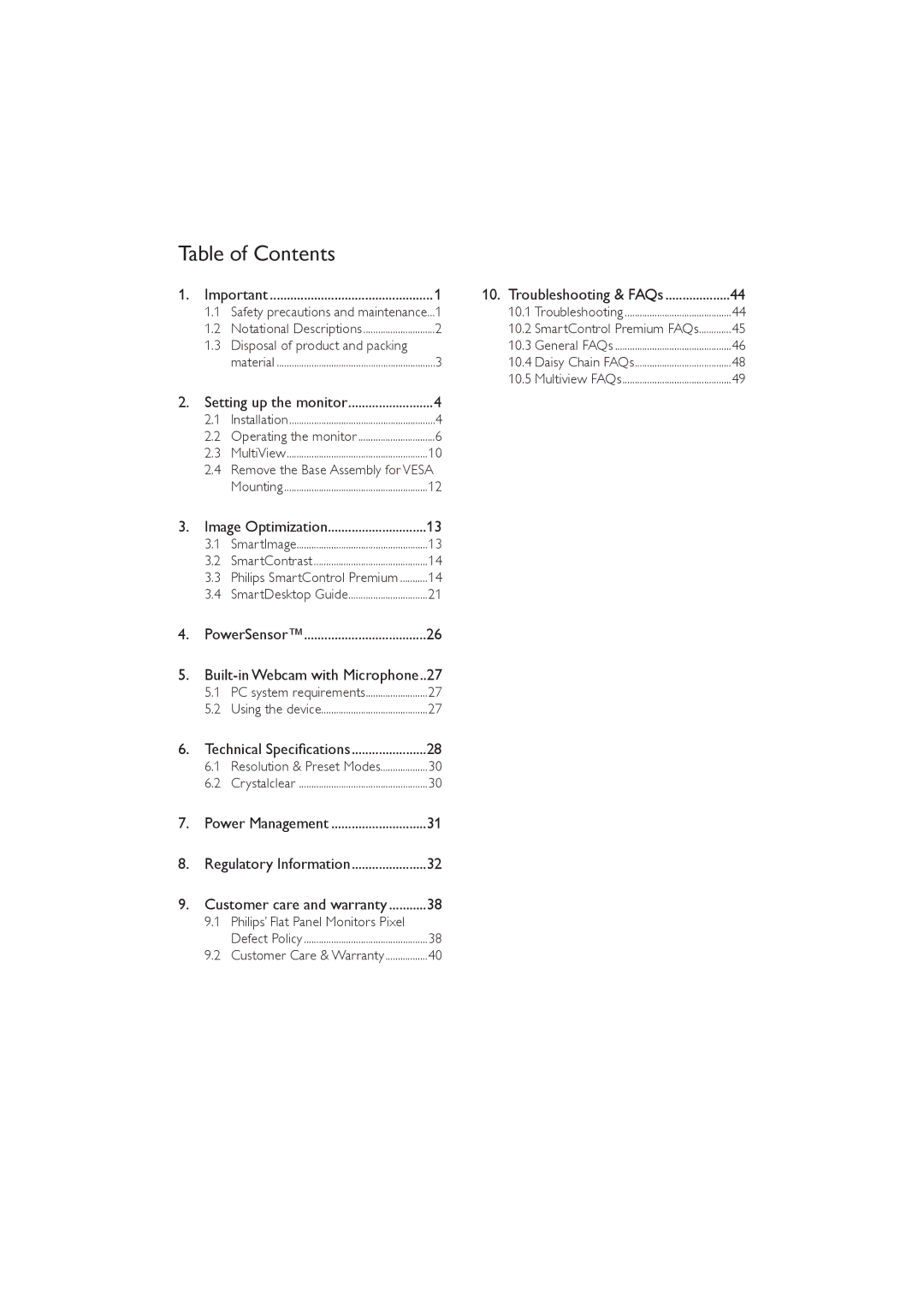 Philips 272P4 user manual Table of Contents 