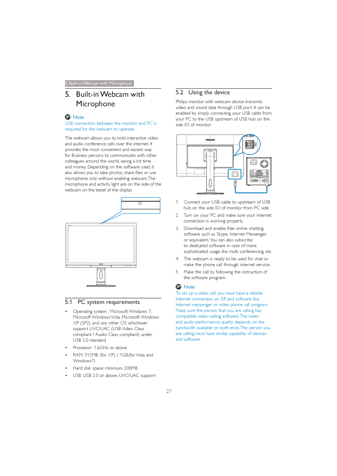 Philips 272P4 user manual Built-in Webcam with Microphone, PC system requirements, Using the device 