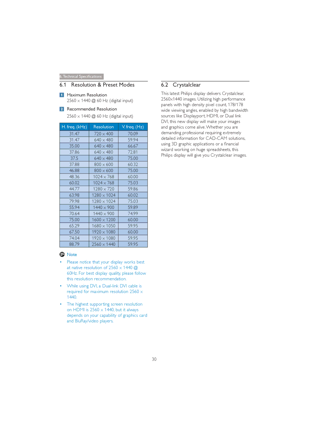 Philips 272P4 user manual Resolution & Preset Modes, Crystalclear 