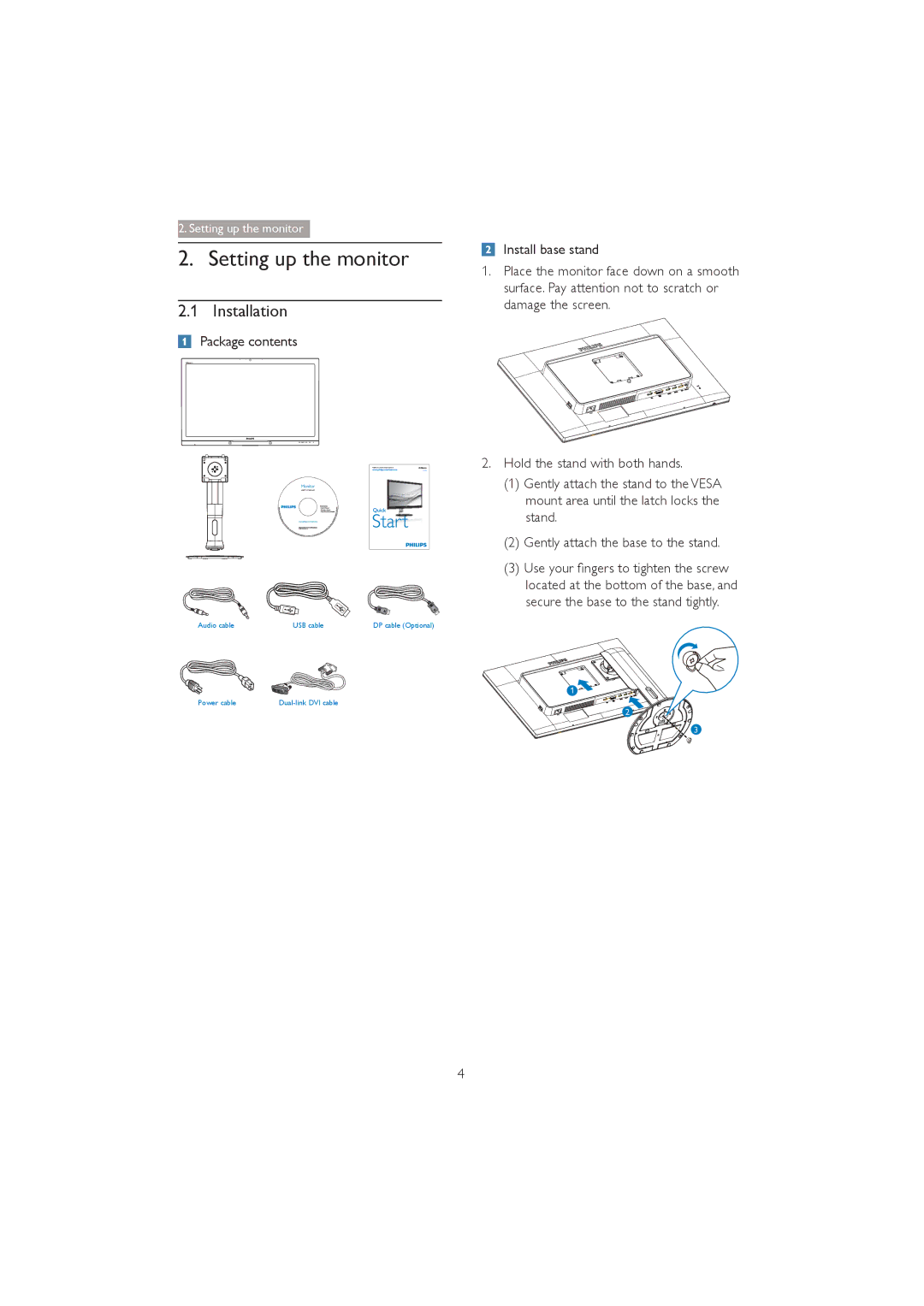 Philips 272P4 user manual Setting up the monitor, Installation, Package contents 
