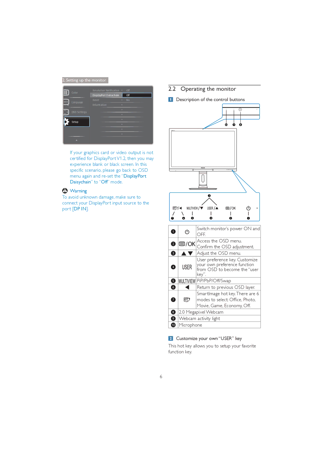 Philips 272P4 user manual Operating the monitor, Description of the control buttons, Movie, Game, Economy, Off 