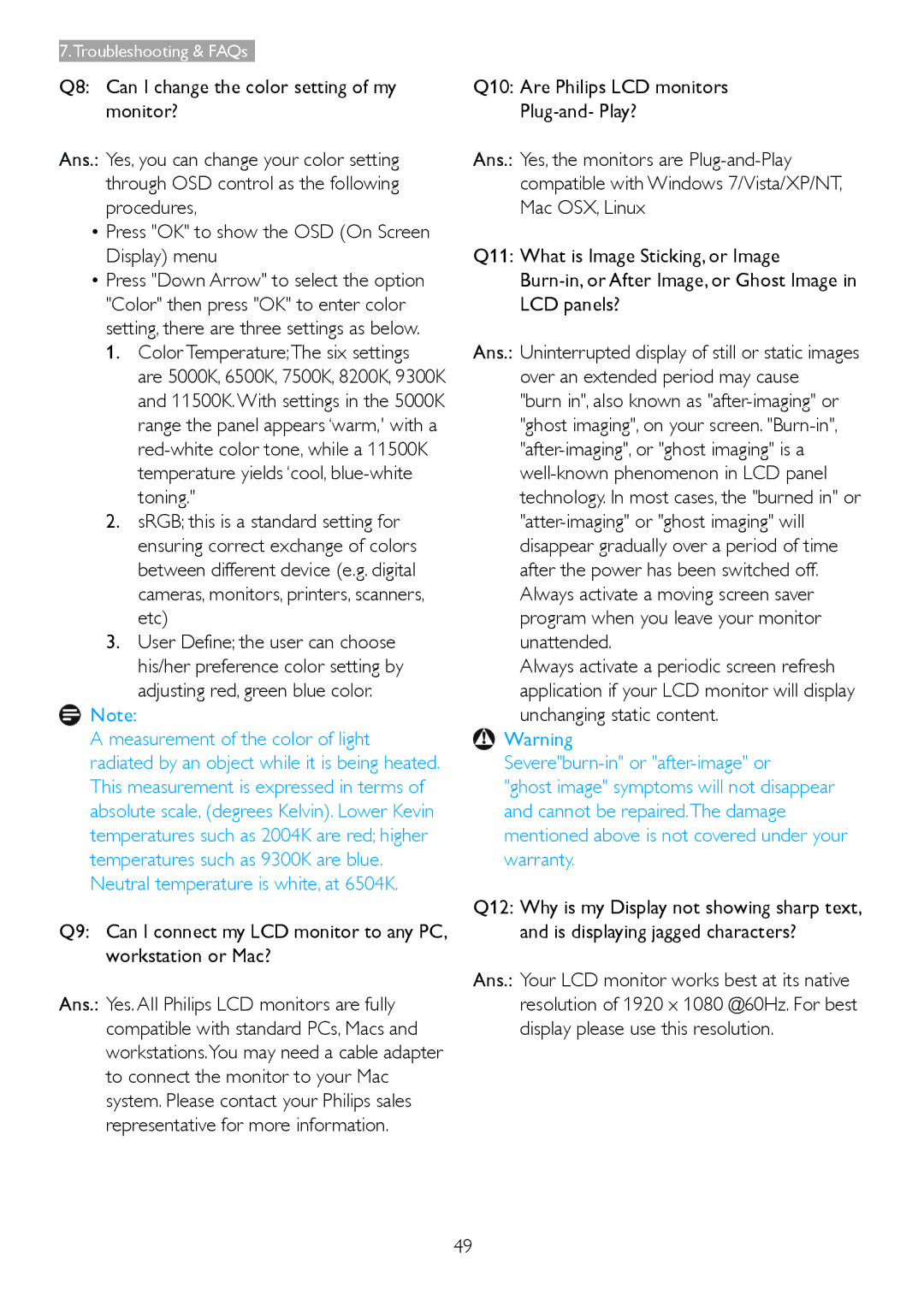 Philips 2.73E+05 user manual Color TemperatureThe six settings 